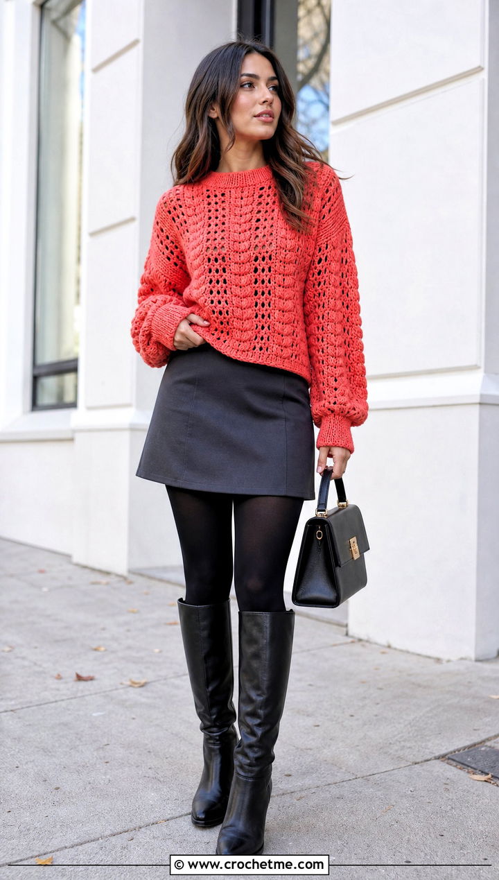 Bottom Up Drop Shoulder Crochet Sweater With Mini Skirt - 30 bottom up crochet sweater outfit ideas