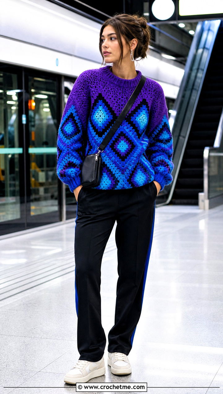 Bottom Up Geometric Crochet Sweater With Track Pants - 30 bottom up crochet sweater outfit ideas
