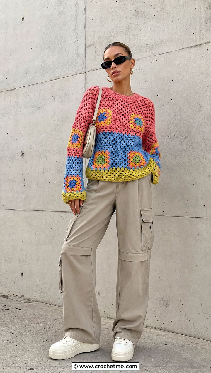 Bottom Up Granny Stitch Crochet Sweater With Cargo Pants - 30 bottom up crochet sweater outfit ideas