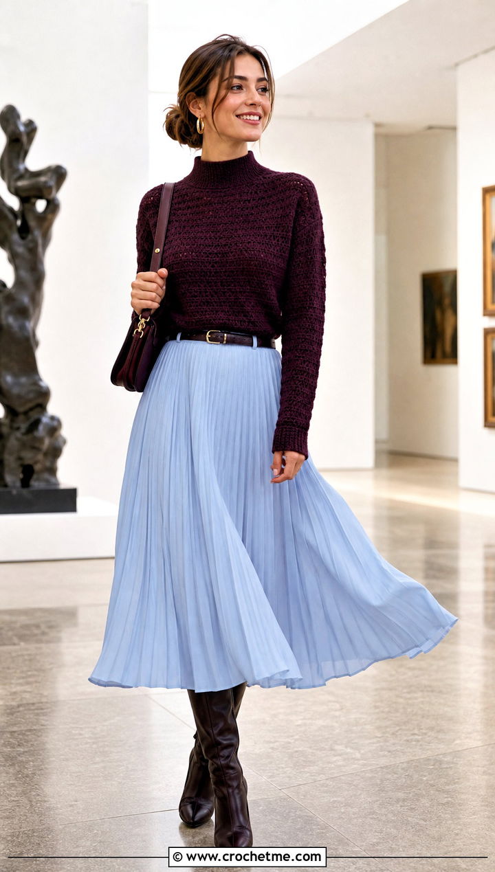 Bottom Up Mock Neck Crochet Sweater With Pleated Midi Skirt - 30 bottom up crochet sweater outfit ideas
