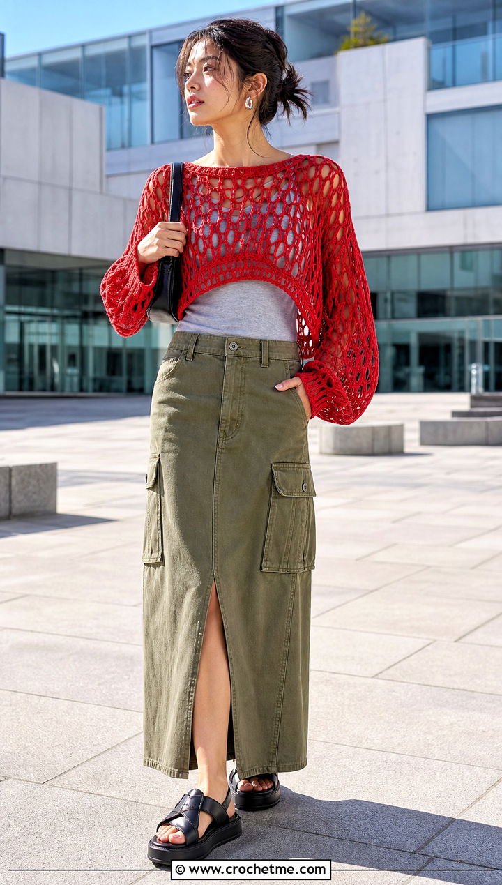 Bottom Up Open Stitch Crochet Sweater With Cargo Maxi Skirt - 30 bottom up crochet sweater outfit ideas