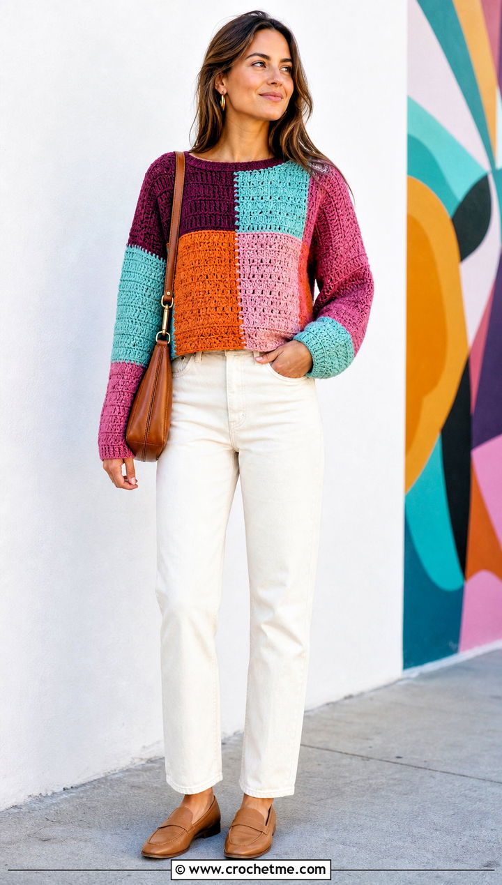 Bottom Up Patchwork Crochet Sweater With Ecru Jeans - 30 bottom up crochet sweater outfit ideas