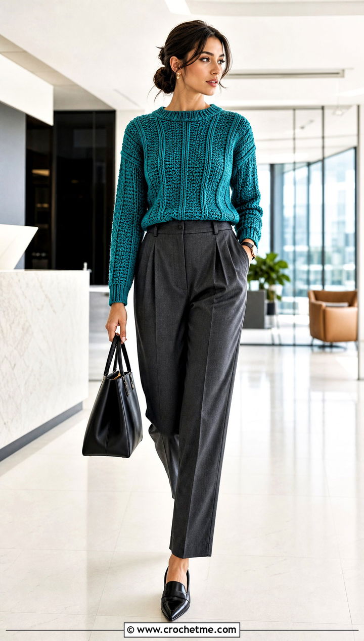 Bottom Up Ribbed Crochet Sweater With Tailored Trousers - 30 bottom up crochet sweater outfit ideas