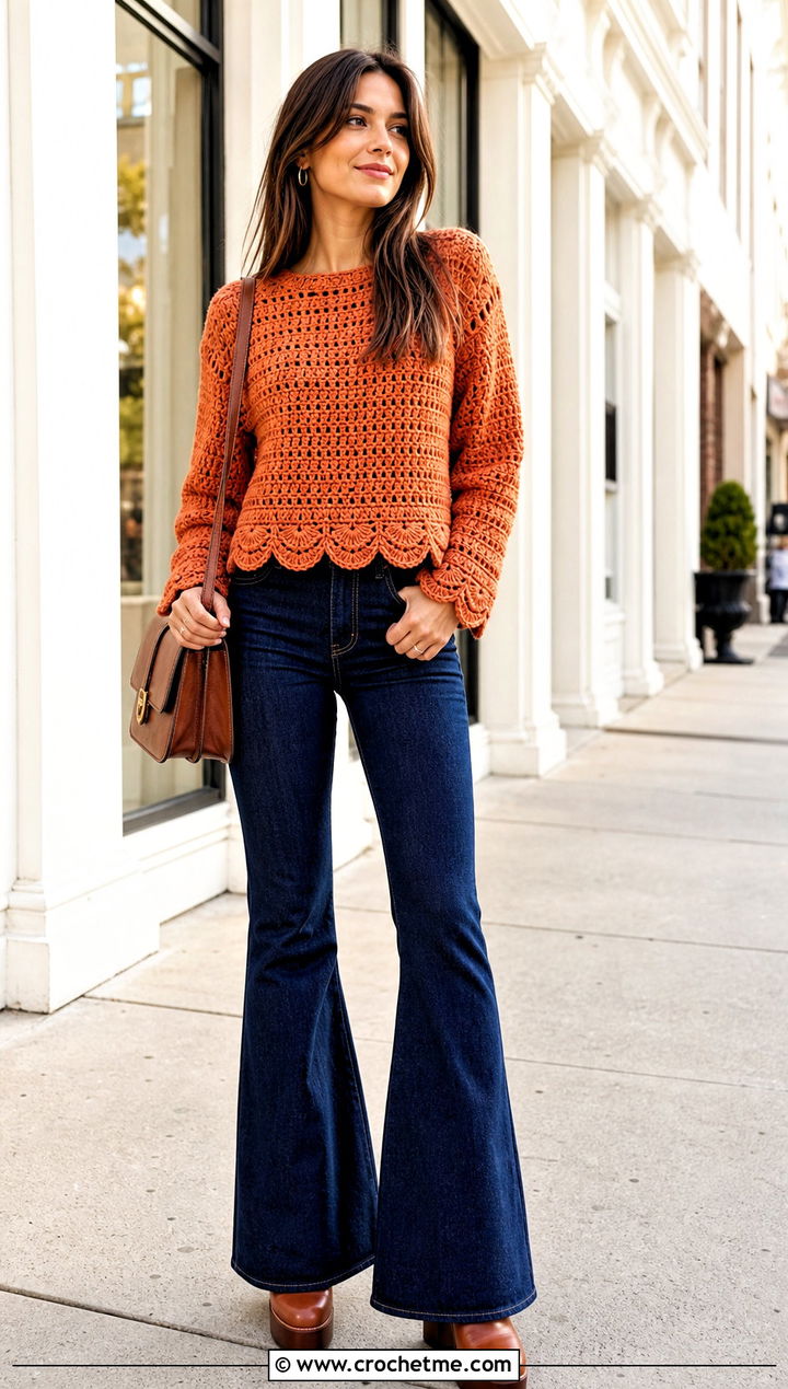 Bottom Up Scalloped Crochet Sweater With Flare Jeans - 30 bottom up crochet sweater outfit ideas