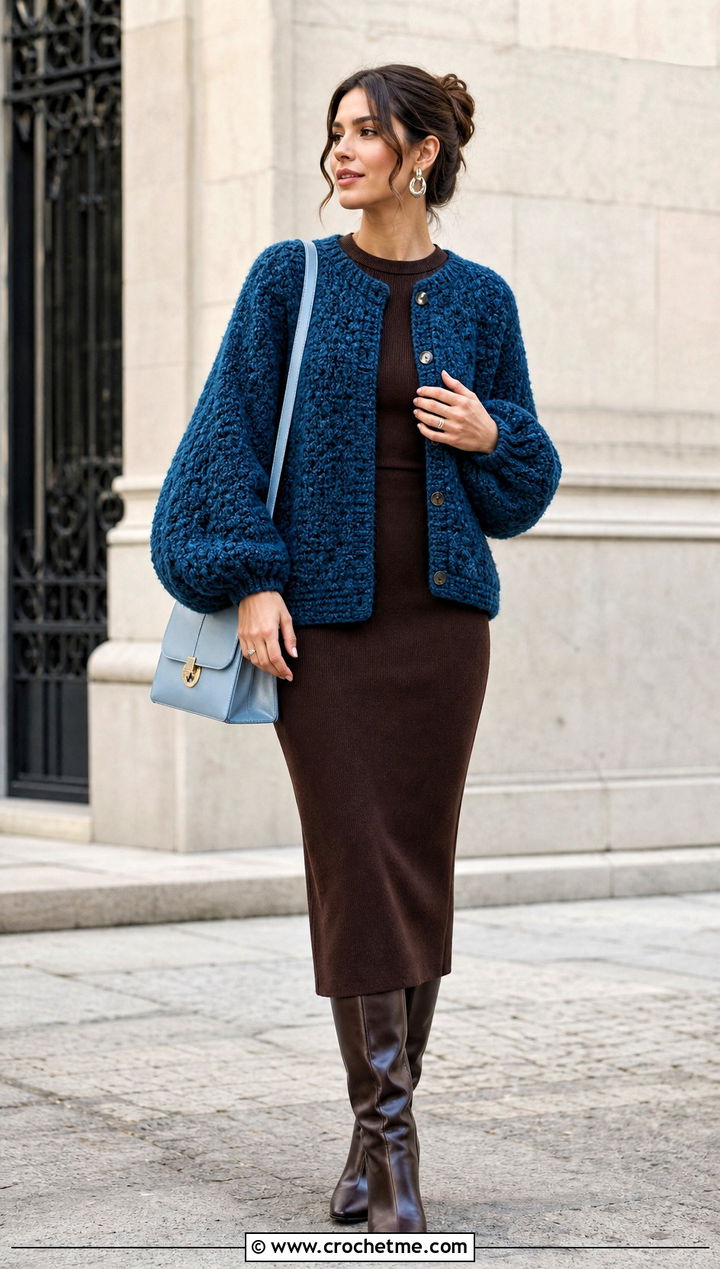 Boucle Crochet Balloon Sleeve Cardigan With Knit Midi Dress - 30 crochet balloon sleeve cardigan outfit ideas