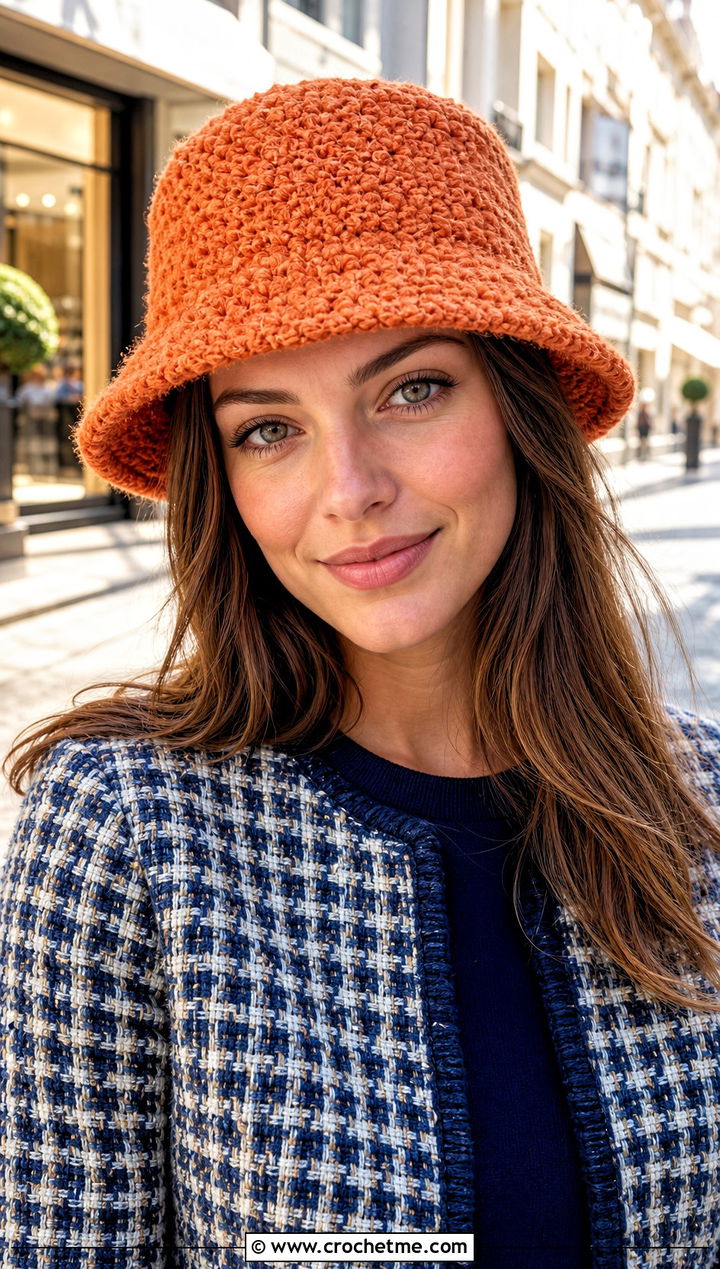 Boucle Crochet Bucket Hat With Tweed Jacket - 35 crochet winter bucket hat outfit ideas