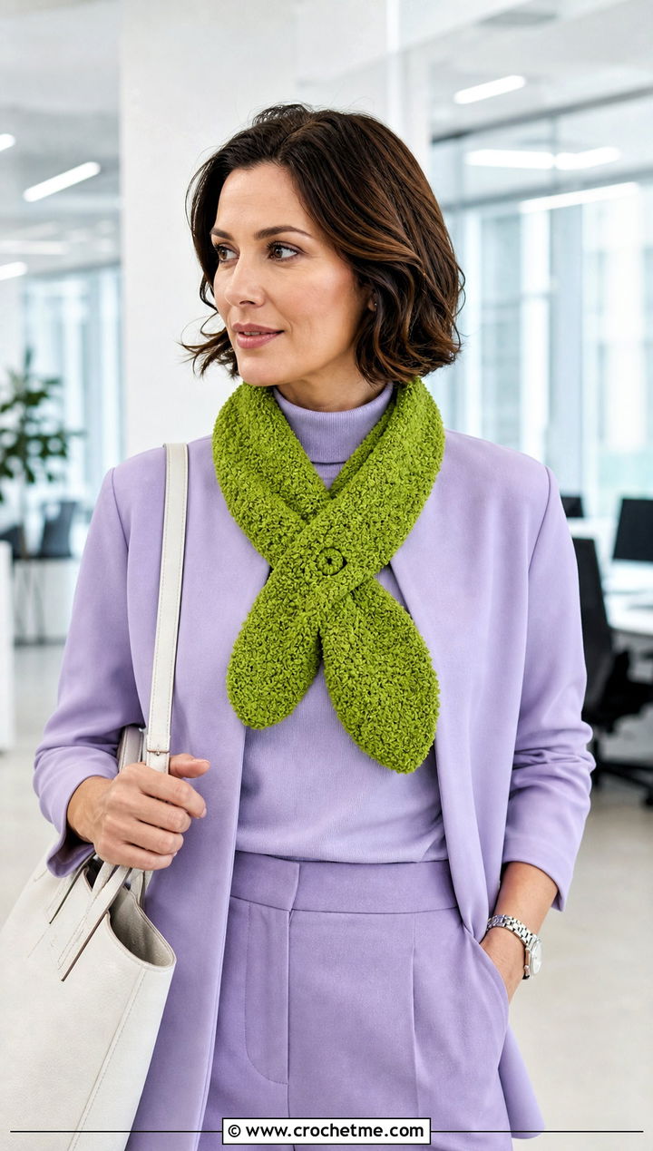 Boucle Crochet Button Hole Scarf With Monochrome Workwear - 15 Crochet Button Hole Scarf outfit ideas