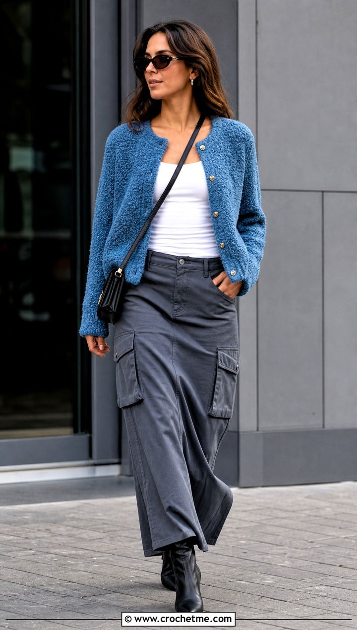 Boucle Crochet Button Sweater With Cargo Maxi Skirt - 30 Crochet Button Sweater outfit ideas