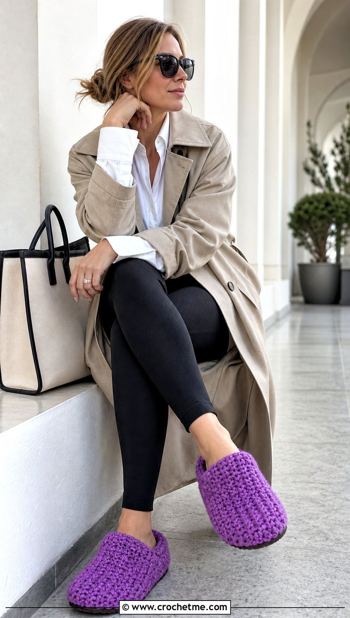 Boucle Crochet Clog Slippers With Leggings and a Trench Coat - 15 crochet-knit clog slippers outfit ideas
