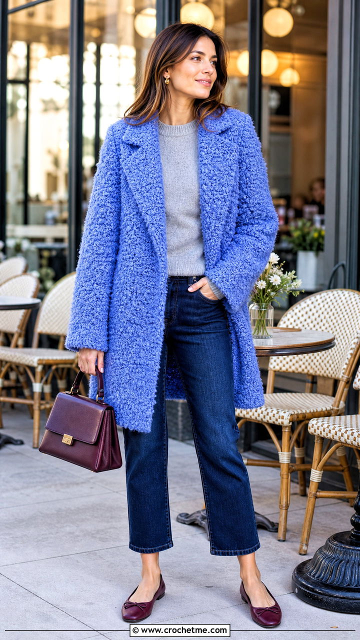 Boucle Crochet Coat With Cropped Jeans - 35 crochet coats outfit ideas