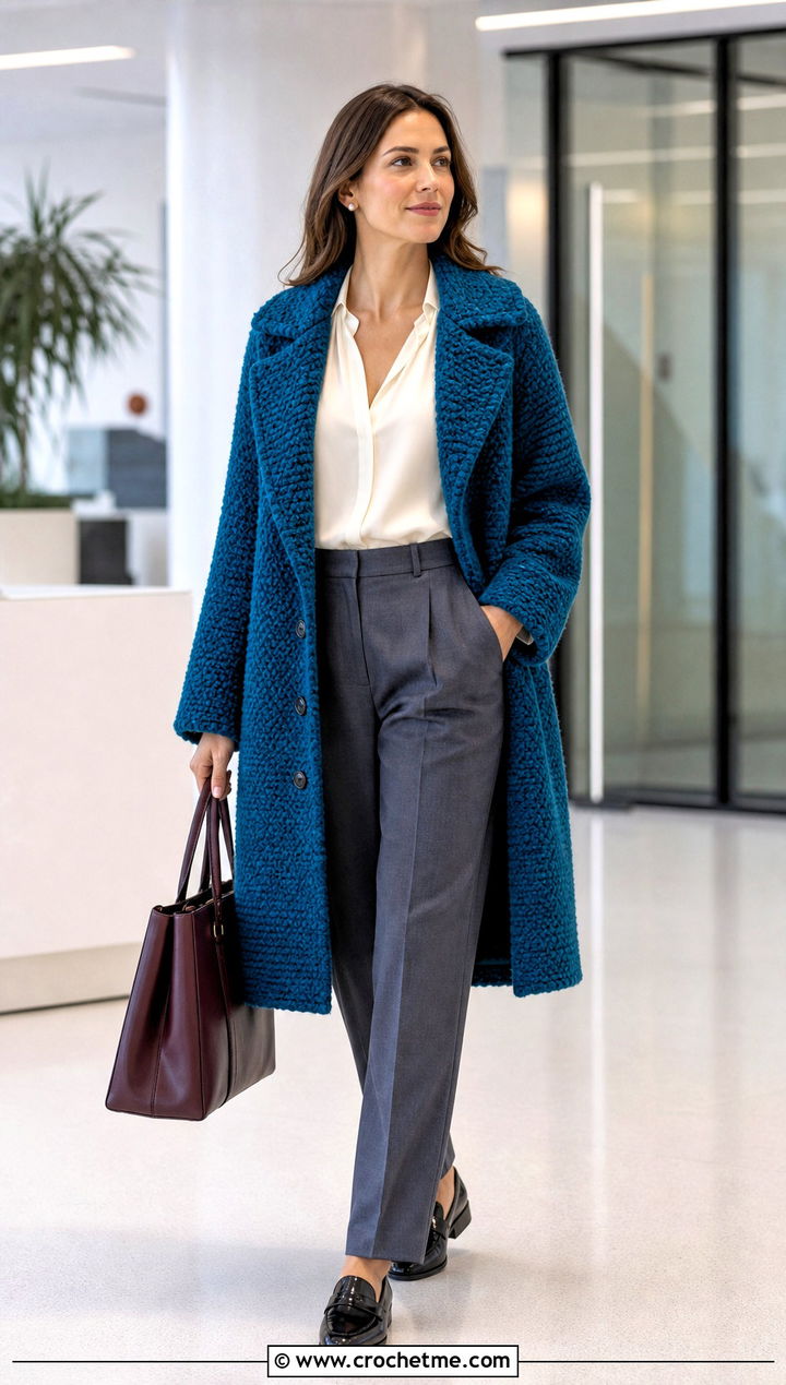 Boucle Crochet Coat With Tailored Trousers - 25 Crochet Coat For Women outfit ideas