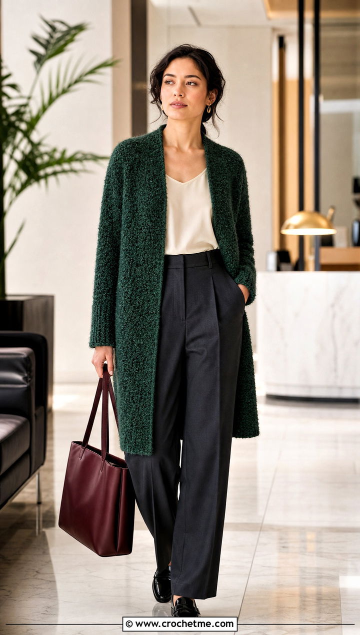 Boucle Crochet Coatigan With Pleated Trousers - 30 women crochet coat outfit ideas