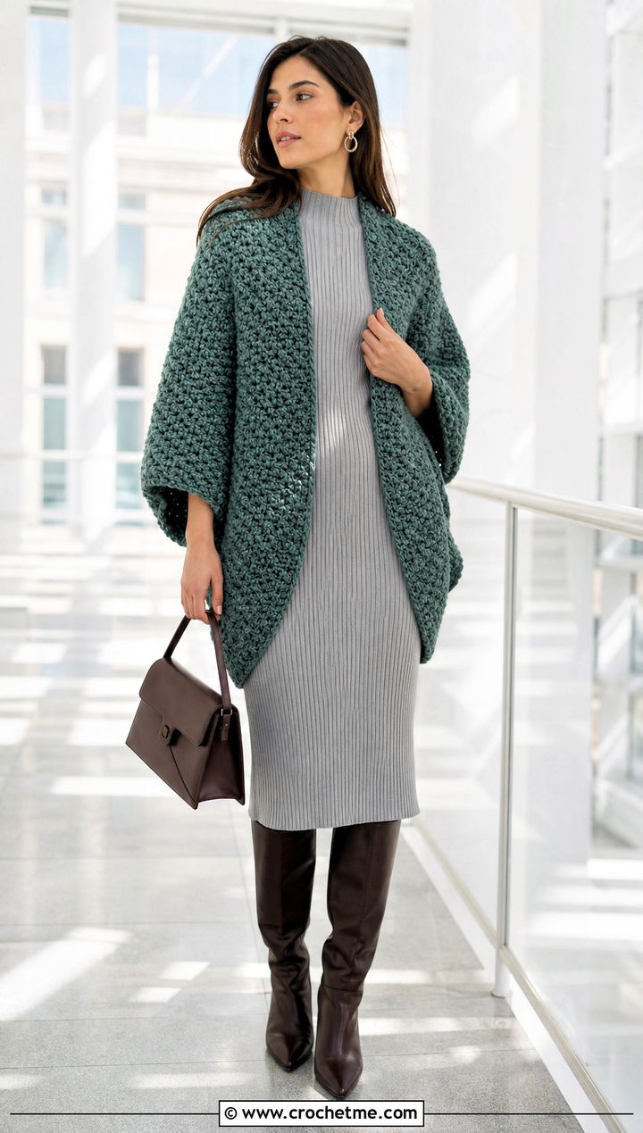 Boucle Crochet Cocoon Shrug With Knit Dress - 25 Easy Crochet Cocoon Shrug outfit ideas
