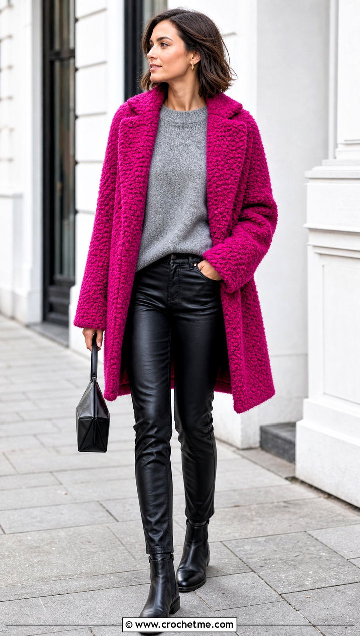 Boucle Crochet Cocoon Winter Coat With Leather Pants - 20 Crochet Winter Coat outfit ideas
