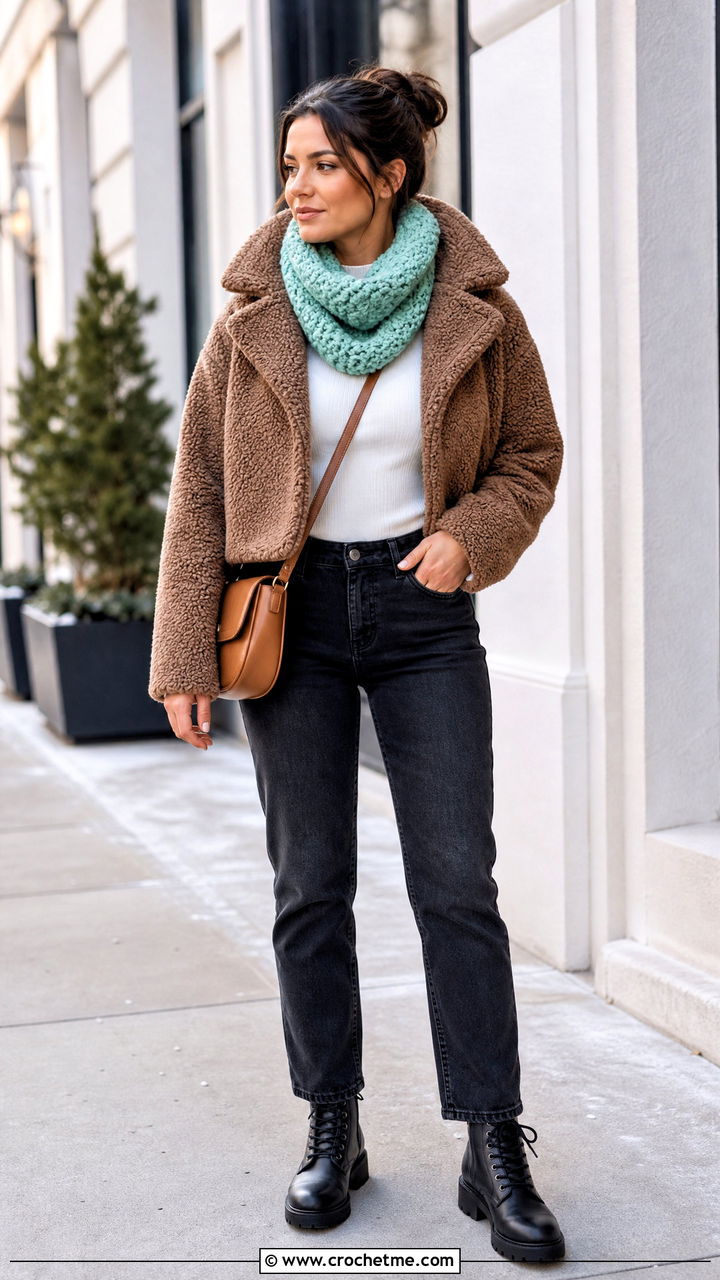 Boucle Crochet Cowl Scarf With Teddy Jacket - 35 crochet cowell scarf outfit ideas