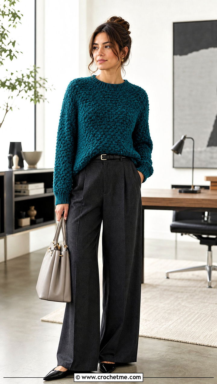 Boucle Crochet Crewneck With Wide Leg Trousers - 35 fluffy crochet sweater outfit ideas