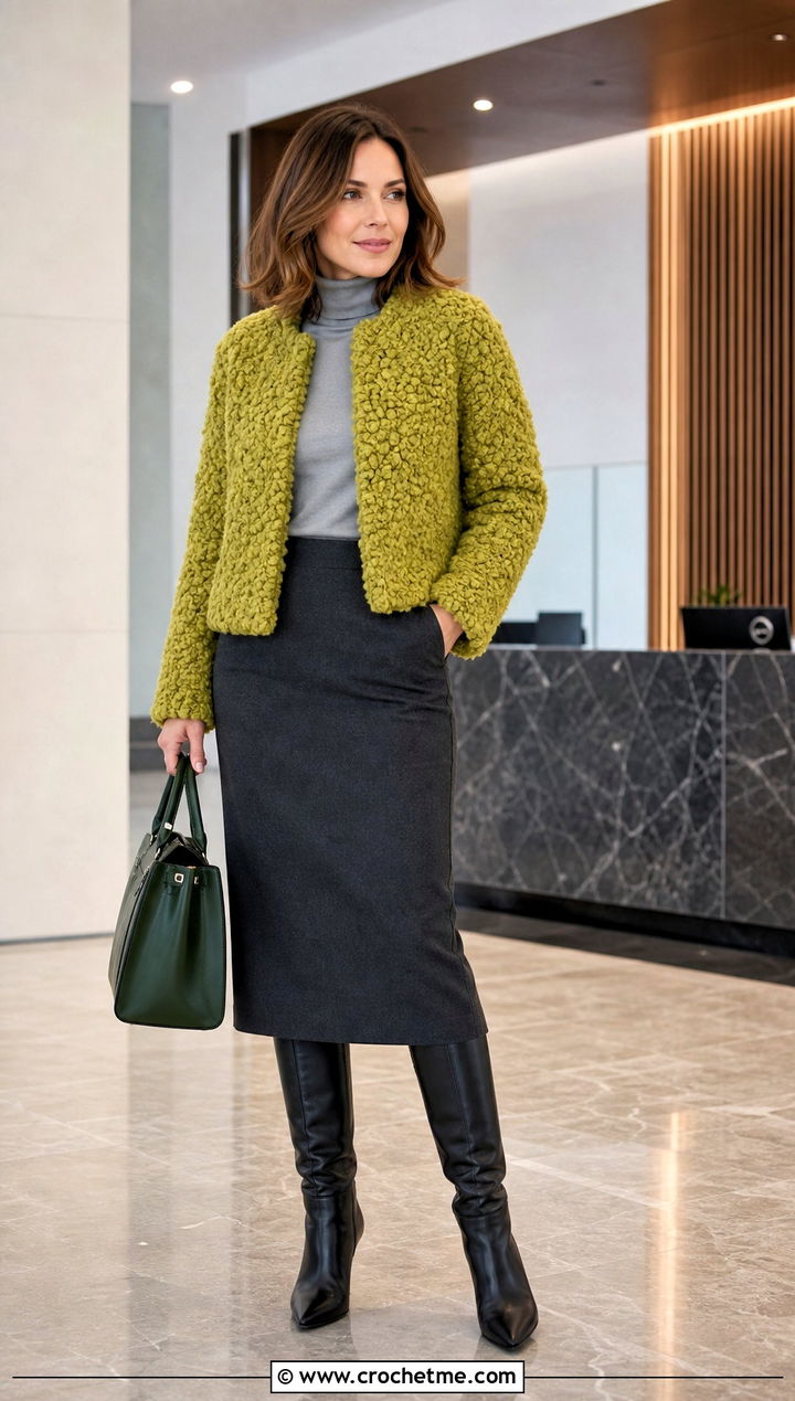Boucle Crochet Fur Jacket With Pencil Skirt - 30 crochet fur jacket outfit ideas