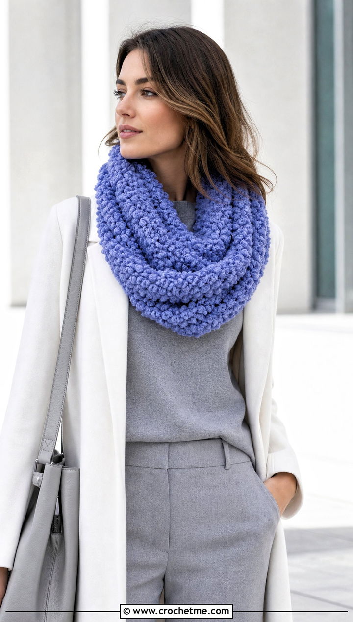 Boucle Crochet Infinity Scarf With Minimalist Outfit - 30 easy crochet infinity scarf outfit ideas