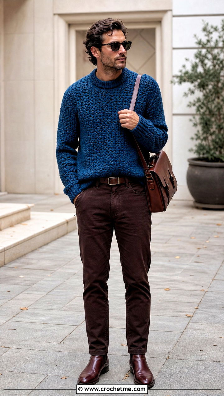 Boucle Crochet Jumper With Suede Pants - 35 men crochet jumper outfit ideas