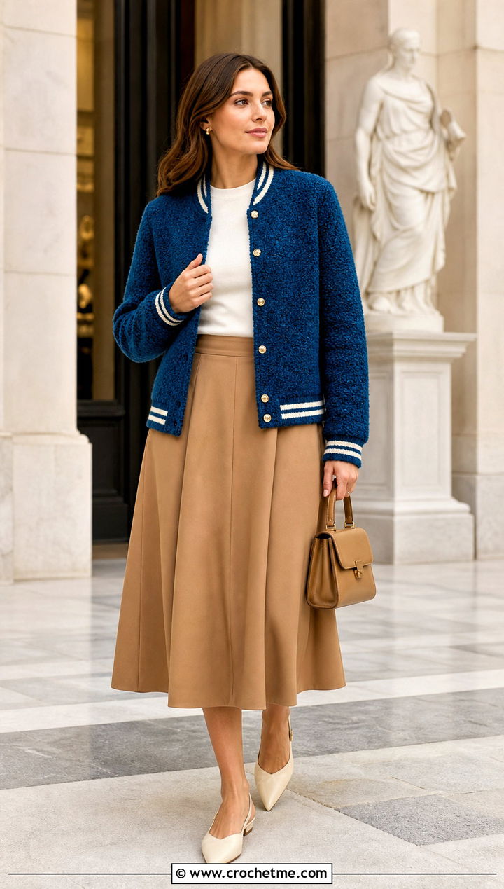 Boucle Crochet Letterman Jacket With A Line Midi Skirt - 30 crochet letterman jacket outfit ideas