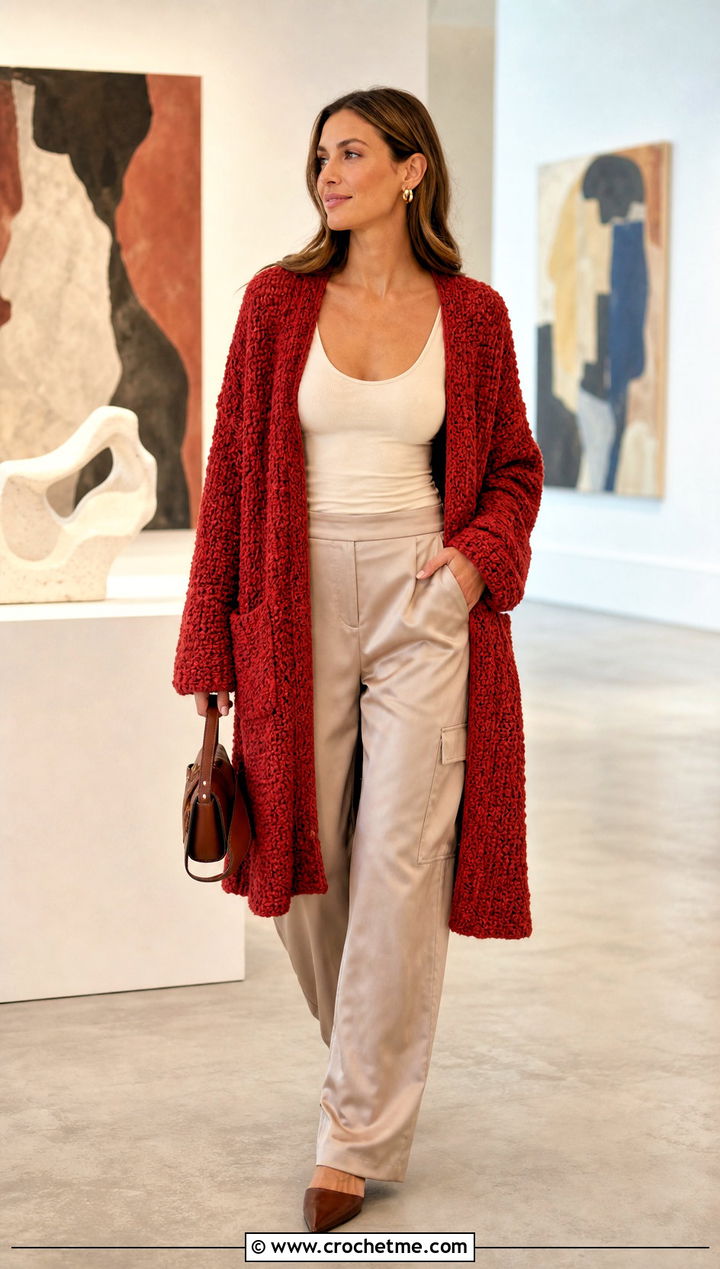 Boucle Crochet Long Sweater With Satin Cargo Pants - 35 crochet long sweater outfit ideas