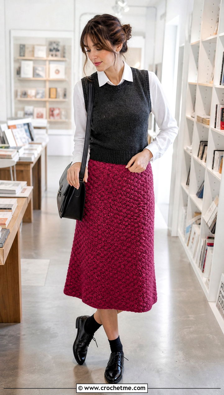 Boucle Crochet Midi Skirt With Sweater Vest - 30 midi crochet skirt outfit ideas