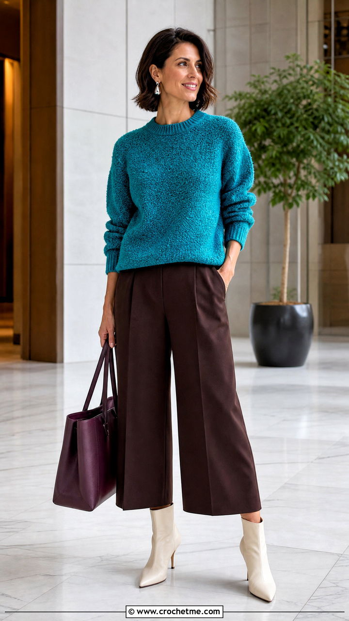 Boucle Crochet Pullover With Culottes - 35 crochet pullover outfit ideas
