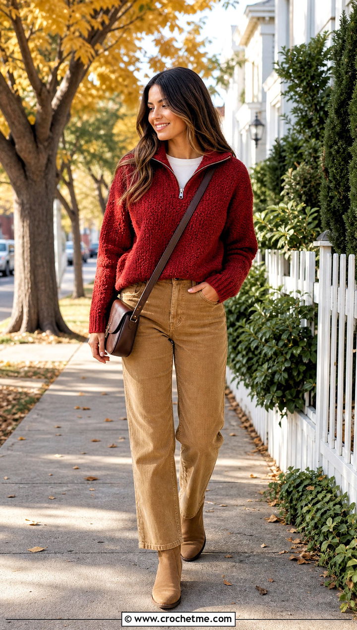 Boucle Crochet Quarter Zip Sweater With Corduroy Pants - 20 crochet quarter zip sweater outfit ideas