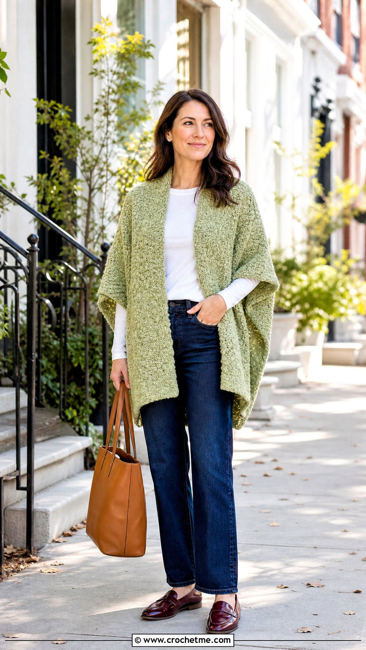Boucle Crochet Ruana With Straight Leg Jeans - 35 crochet ruana outfit ideas