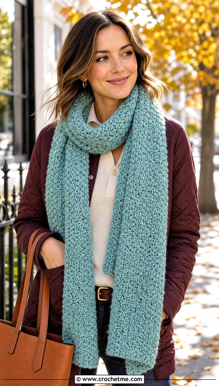 Boucle Crochet Scarf With Quilted Jacket And Corduroy Pants - 35 fun crochet scarf outfit ideas