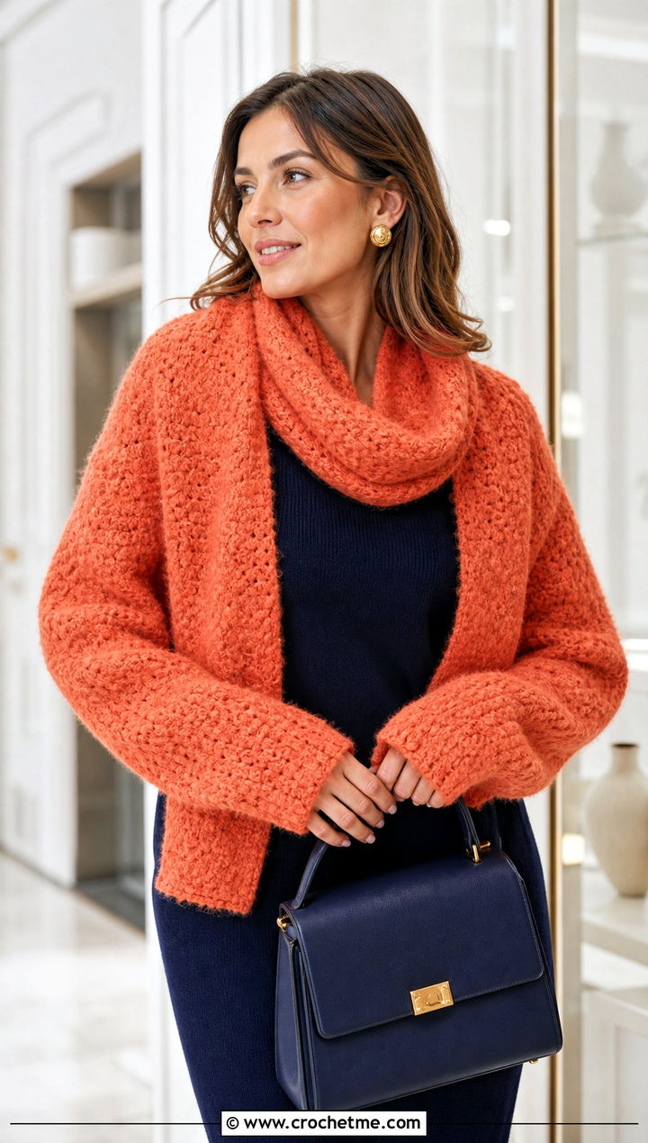 Boucle Crochet Sleeve Scarf With Knit Dress - 30 crochet sleeve scarf outfit ideas