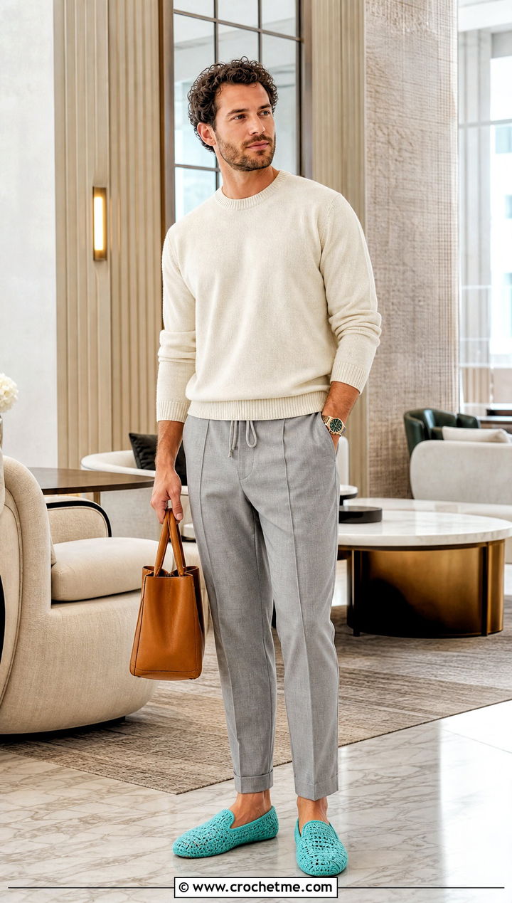 Boucle Crochet Slippers With Cashmere Sweater and Drawstring Trousers - 35 mens crochet slippers outfit ideas