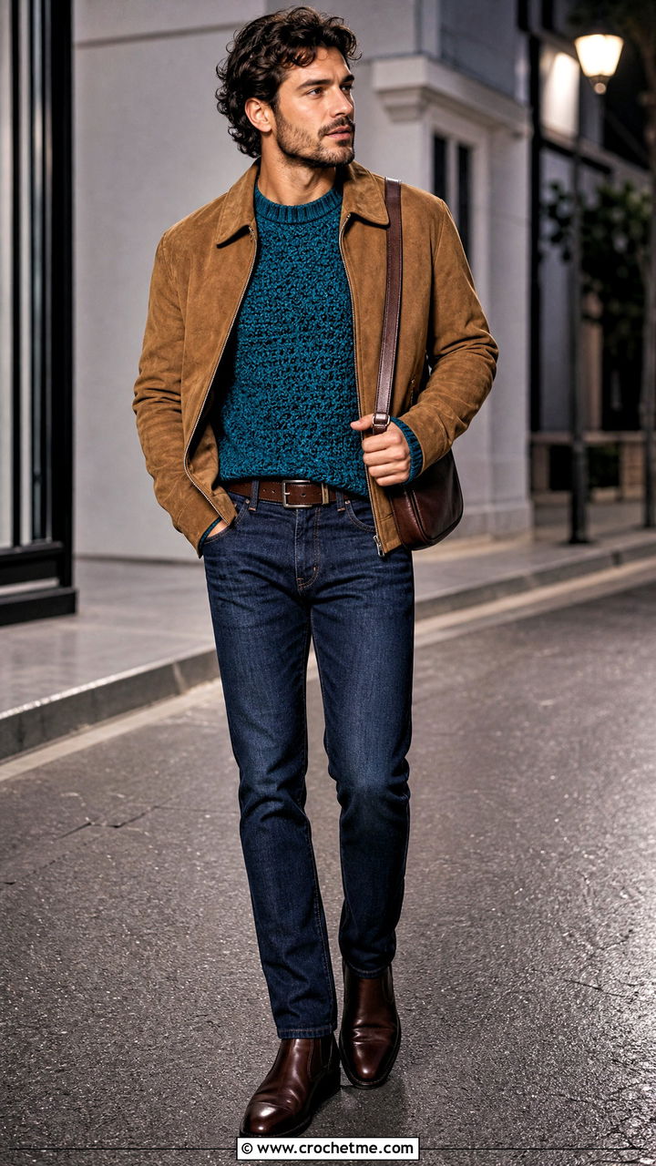 Boucle Crochet Sweater With Suede Jacket And Jeans - 35 crochet sweater for men outfit ideas