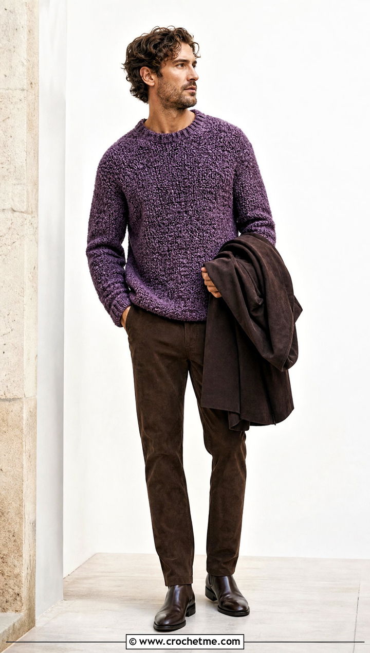 Boucle Crochet Sweater With Suede Pants - 30 men's crochet sweater outfit ideas