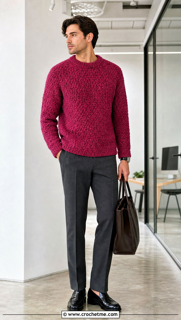 Boucle Crochet Sweater With Suit Trousers - 25 Mens Crochet Sweaters outfit ideas