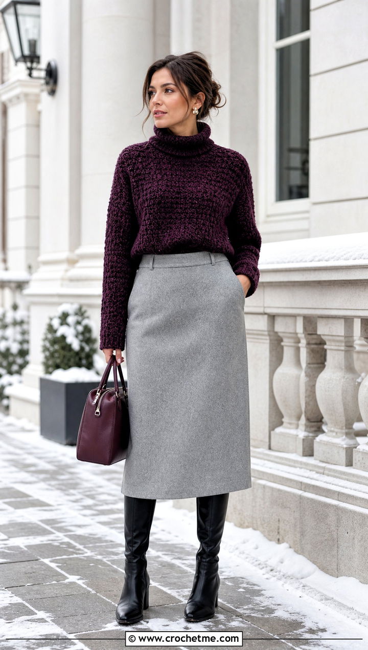 Boucle Crochet Turtleneck Sweater With Wool Midi Skirt - 30 crochet turtleneck sweater outfit ideas