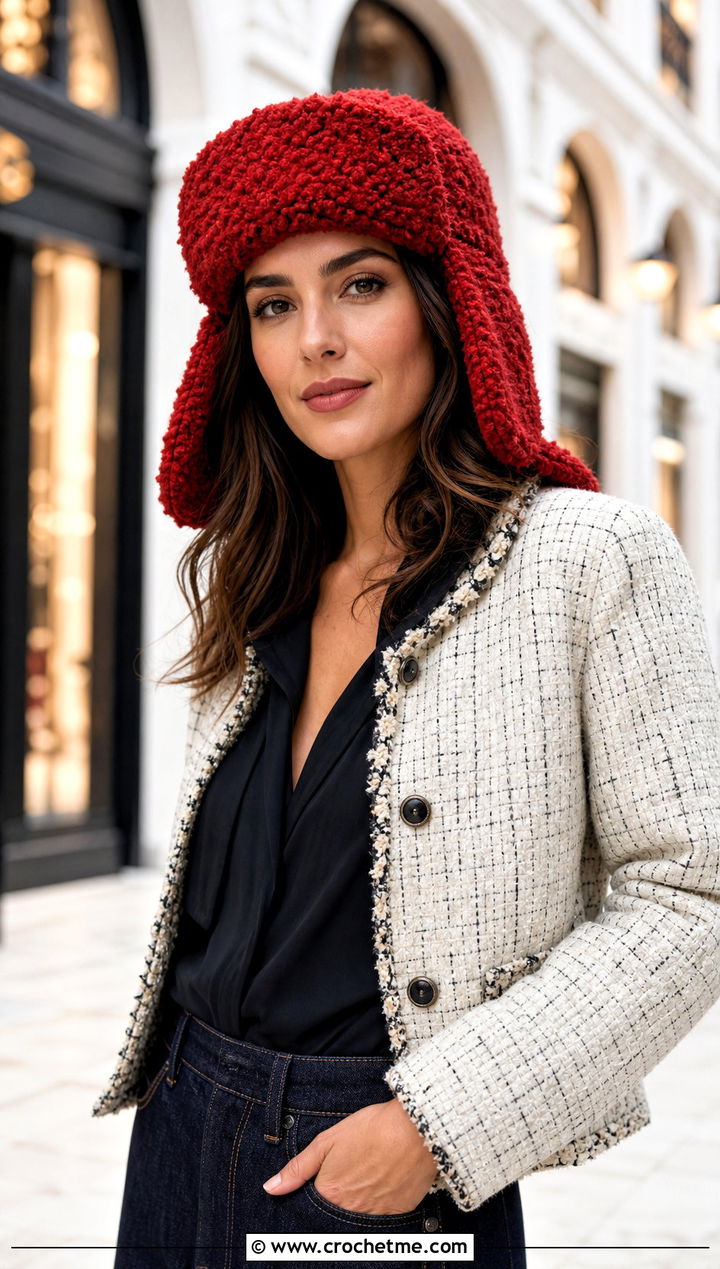 Boucle Crochet Ushanka With Tweed Jacket - 35 crochet russian hat outfit ideas
