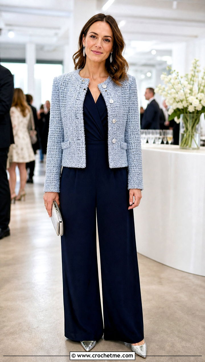 Boucle Look Crochet Jacket With Evening Jumpsuit - 25 crochet jacket for women outfit ideas