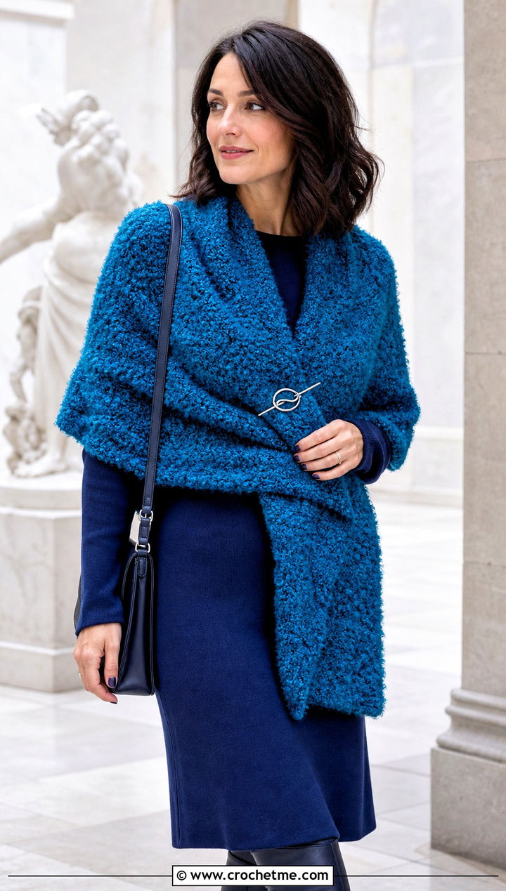 Boucle Rectangular Crochet Shawl With Knit Dress - 30 rectangular crochet shawls outfit ideas