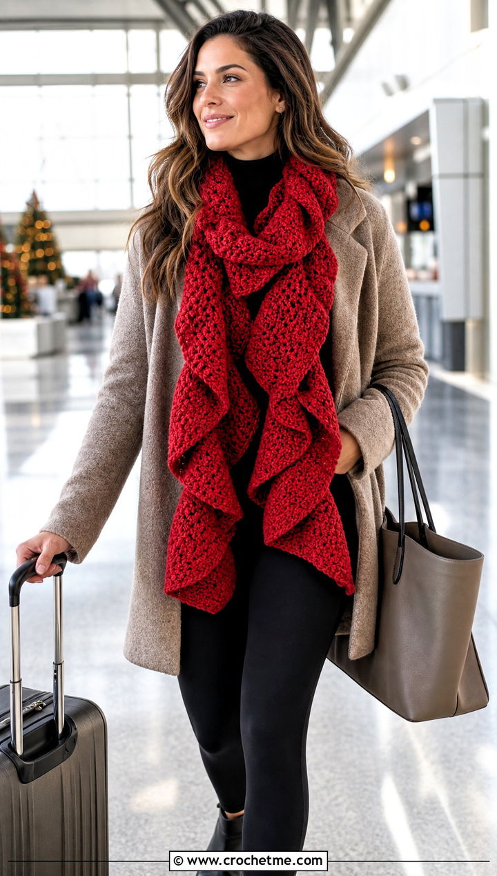 Boucle Ruffle Scarf With Sweater Coat And Leggings - 30 crochet ruffle scarf outfit ideas