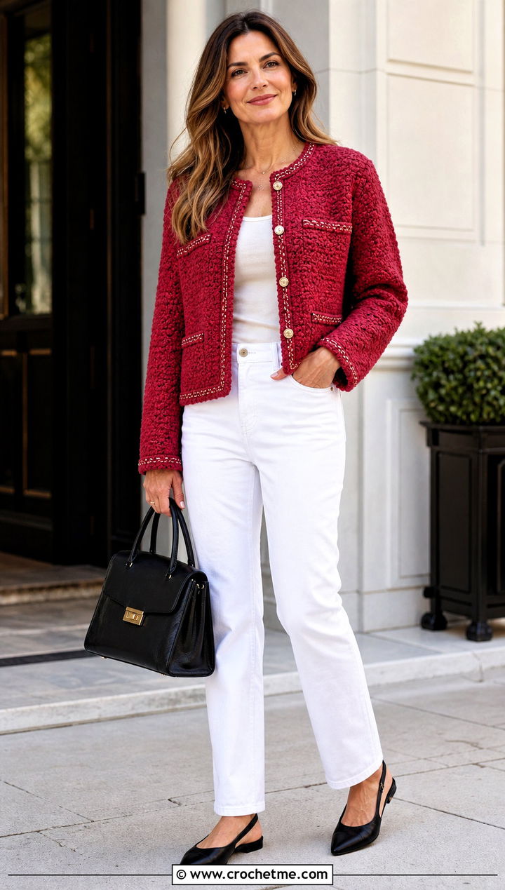 Boucle Style Crochet Jacket With White Jeans - 20 crochet jacket for ladies outfit ideas