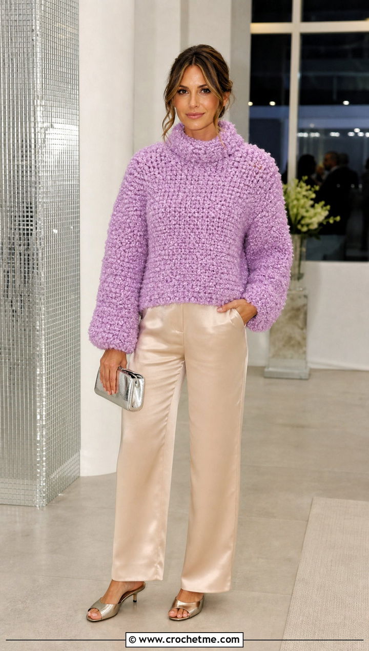 Boucle Super Bulky Crochet Sweater With Straight Satin Pants - 25 Super Bulky Crochet Sweater outfit ideas