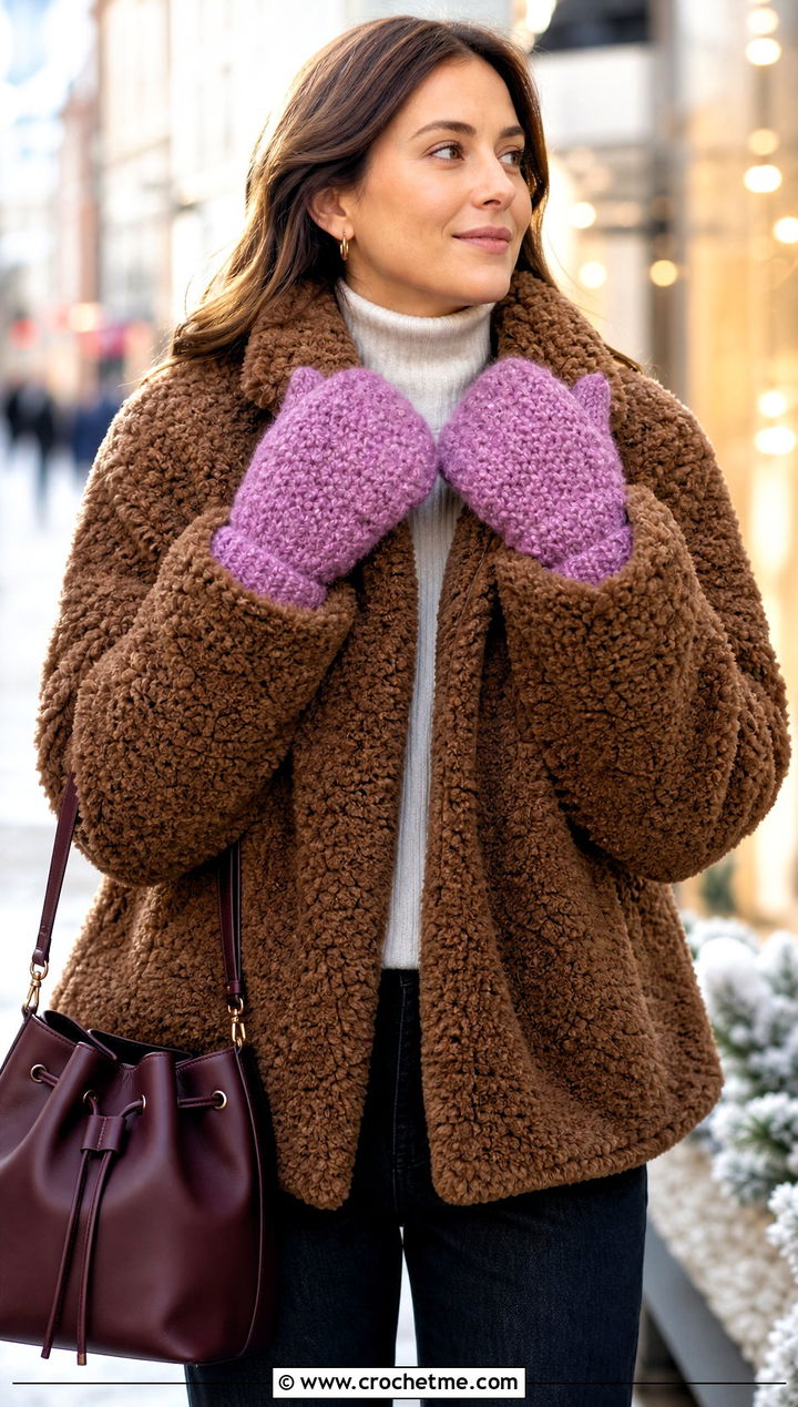 Boucle Tabi Crochet Mittens With Teddy Jacket And Straight Jeans - 25 Tabi Crochet Mittens outfit ideas