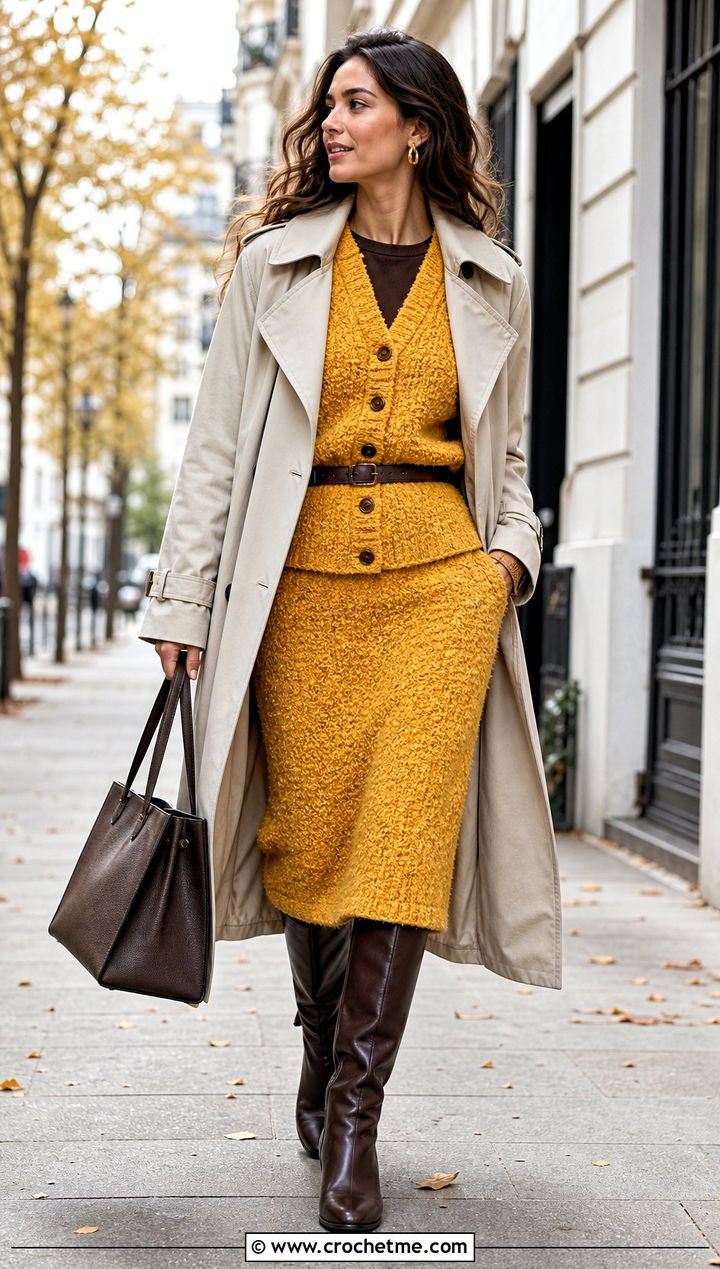 Boucle Texture Crochet Midi Set With Trench Coat And Boots - 25 Crochet Skirt And Cardigan Set outfit ideas