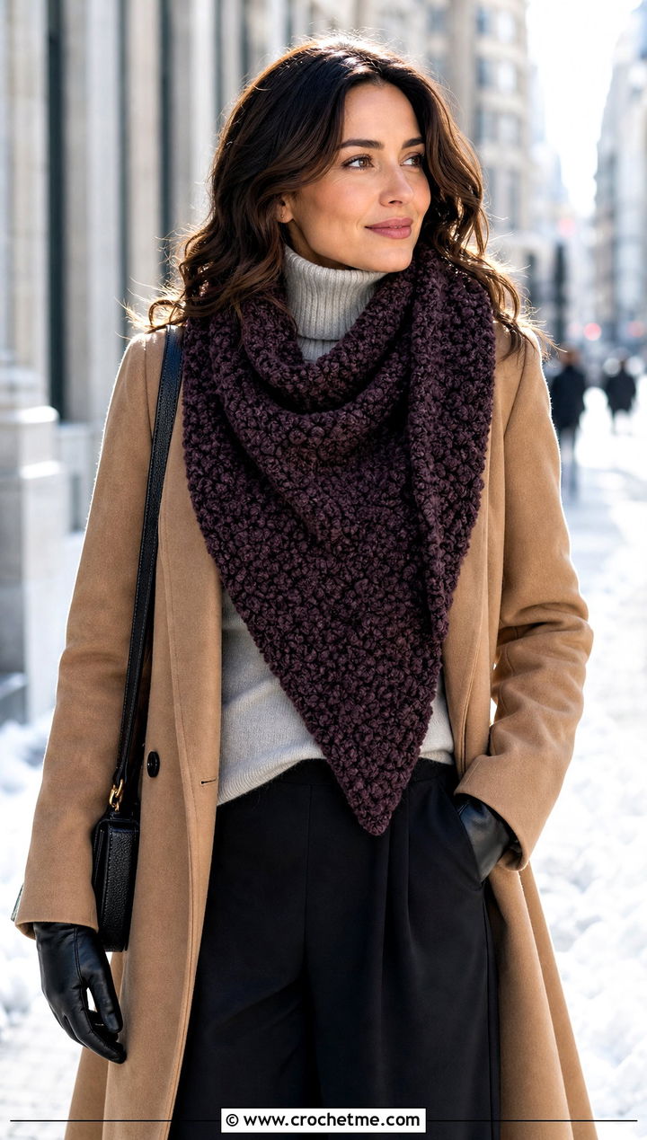 Boucle Triangle Crochet Scarf With Wool Coat And Wide Leg Pants - 15 One Skein Triangle Crochet Scarf outfit ideas