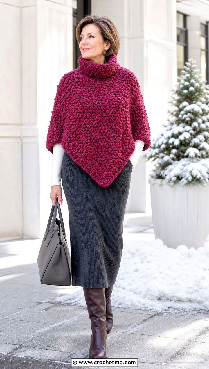 Boucle Turtle Neck Crochet Poncho With A Knit Midi Skirt - 25 Turtle Neck Crochet Poncho outfit ideas