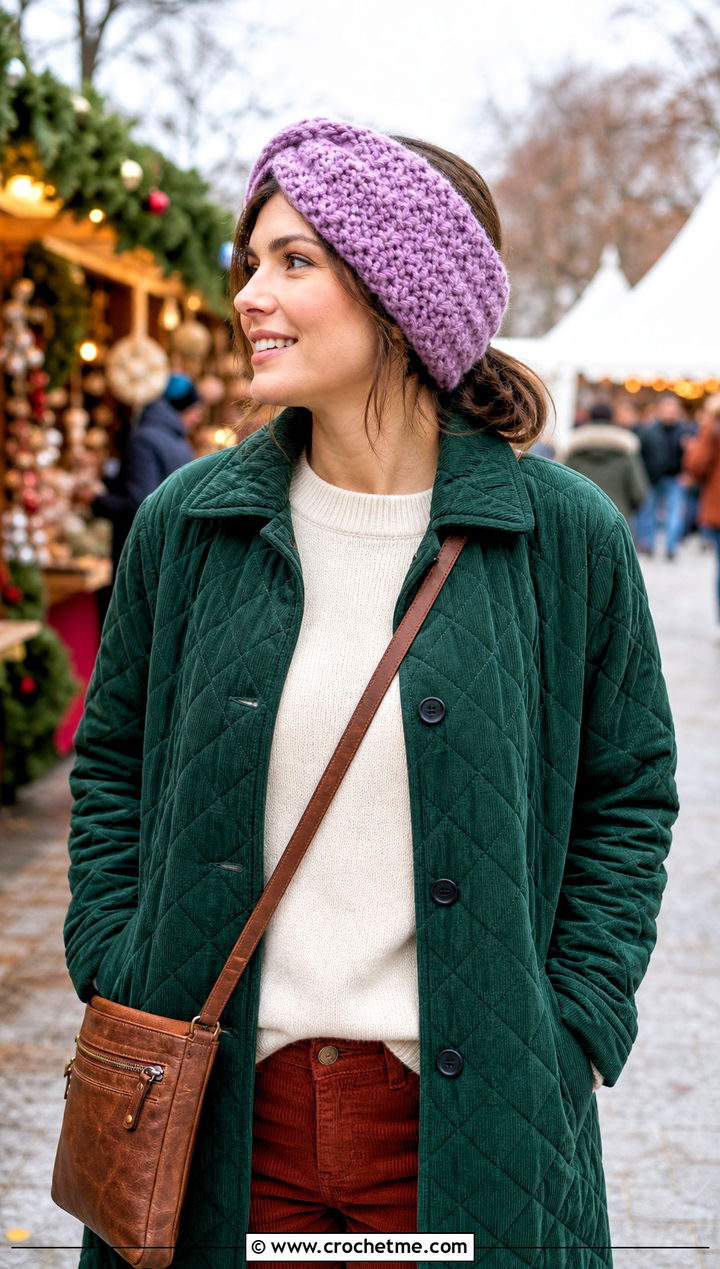 Boucle Twist Ear Warmer With Quilted Coat - 25 Crochet Twist Ear Warmer outfit ideas