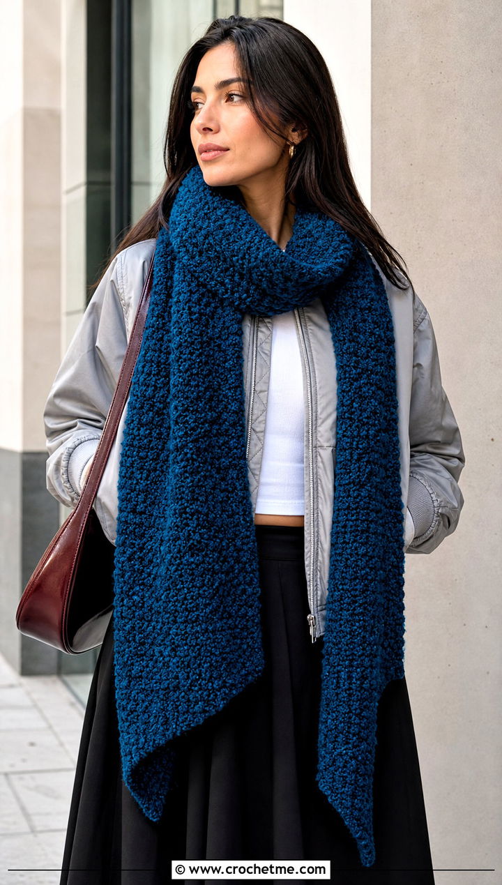 Boucle Wide Scarf With Bomber Jacket And Midi Skirt - 20 Crochet Wide Scarf outfit ideas