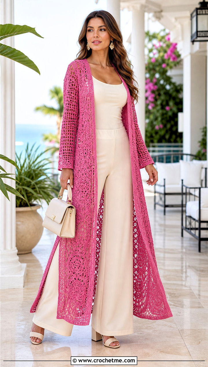 Bougainvillea Pink Crochet Duster With Monochrome Basics - 35 pink crochet outfit ideas
