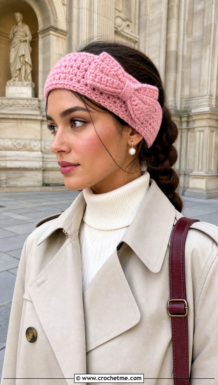 Bow Accent Crochet Ear Warmer With Trench Coat And Pleated Skirt - 15 Easy Crochet Headband Ear Warmers outfit ideas